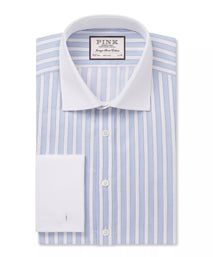 Pale Blue & White Slim Fit Formal Double Cuff Barbican Stripe Shirt