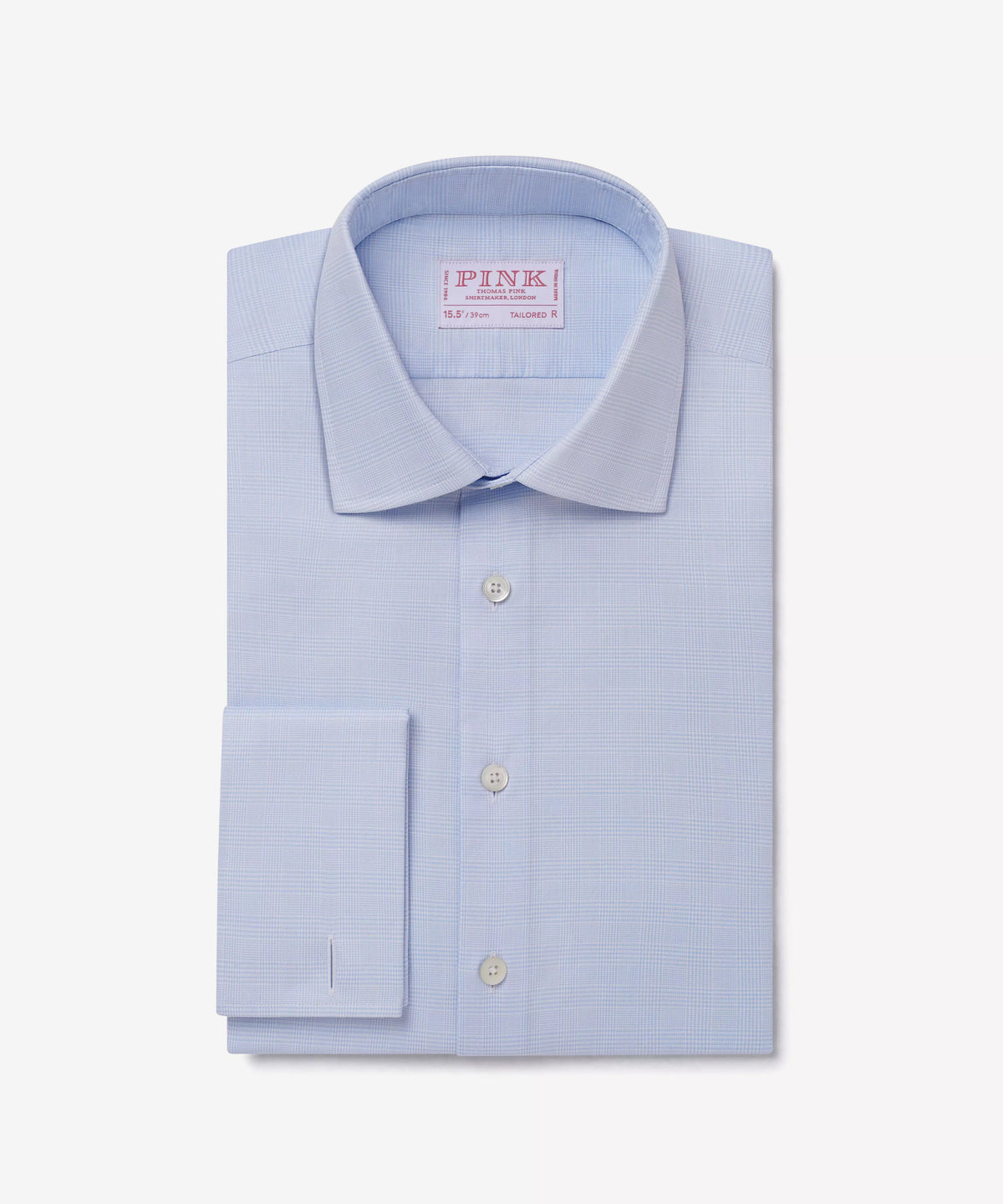 Pale Blue & White Tailored Fit Double Cuff Small POW Check Formal Shirt