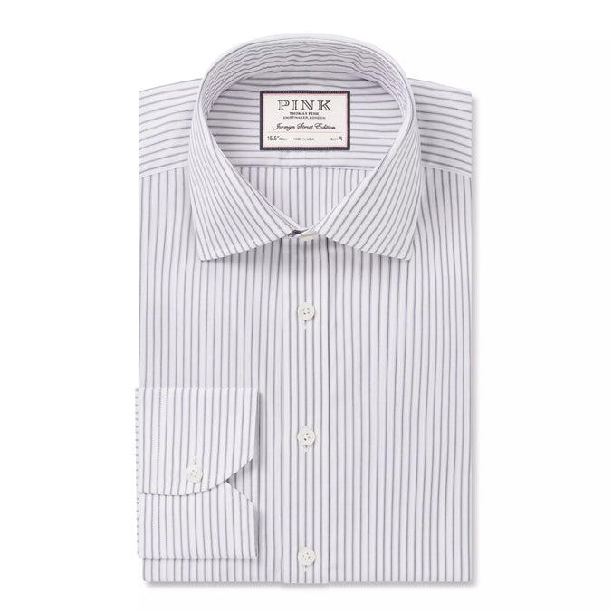 Pale Grey & White Tailored Fit Tram Stripe Formal Shirt