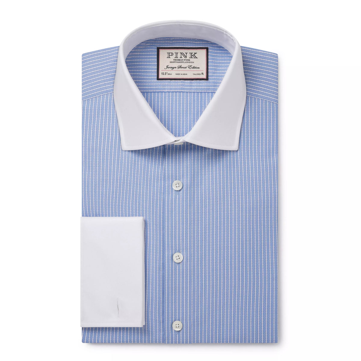 Pale Blue & White Tailored Fit Double Cuff Dandy Stripe Formal Shirt