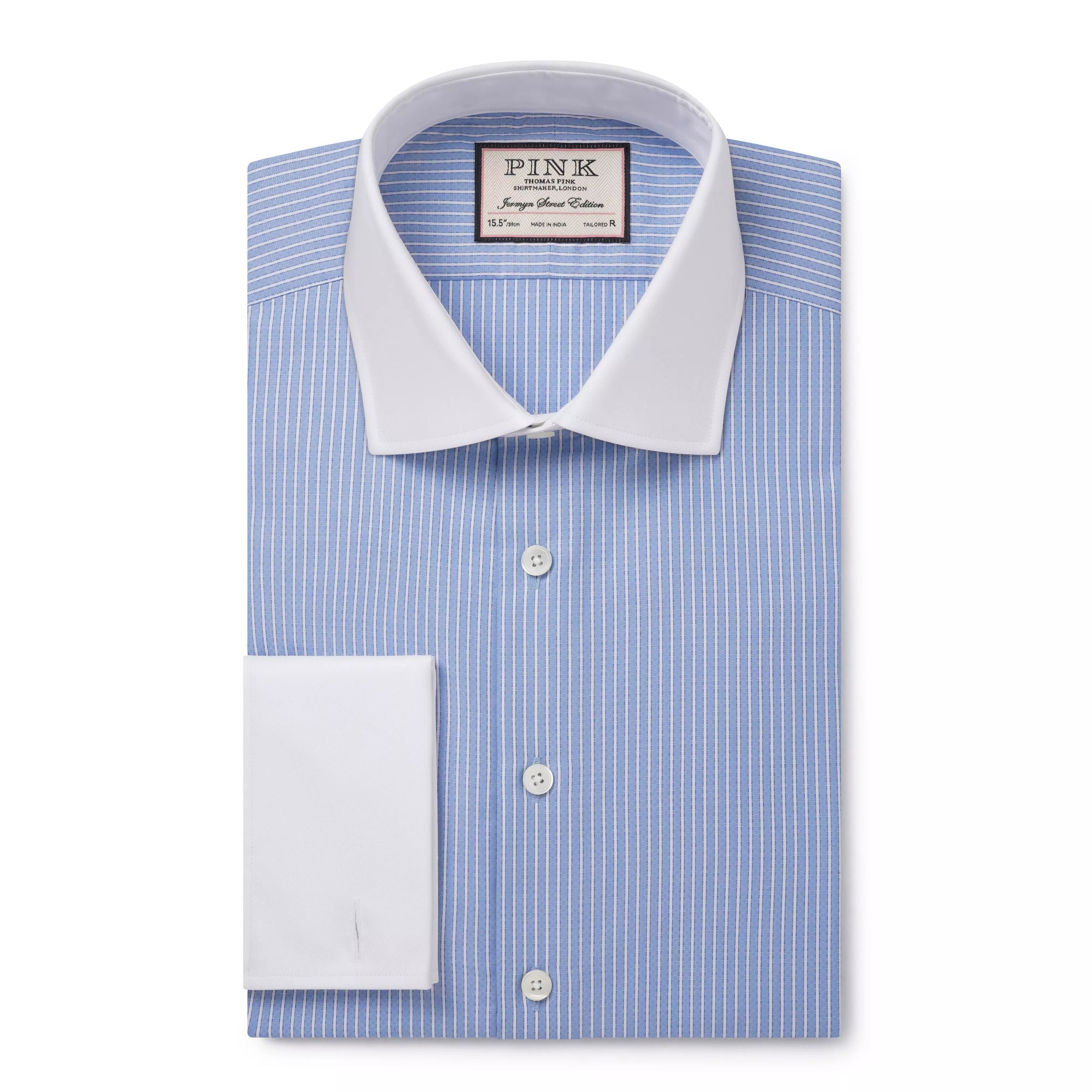 Pale Blue & White Tailored Fit Double Cuff Dandy Stripe Formal Shirt