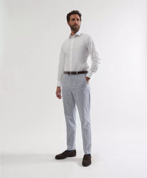 White & Navy Tailored Fit Stripe Seersucker Flat Front Trouser